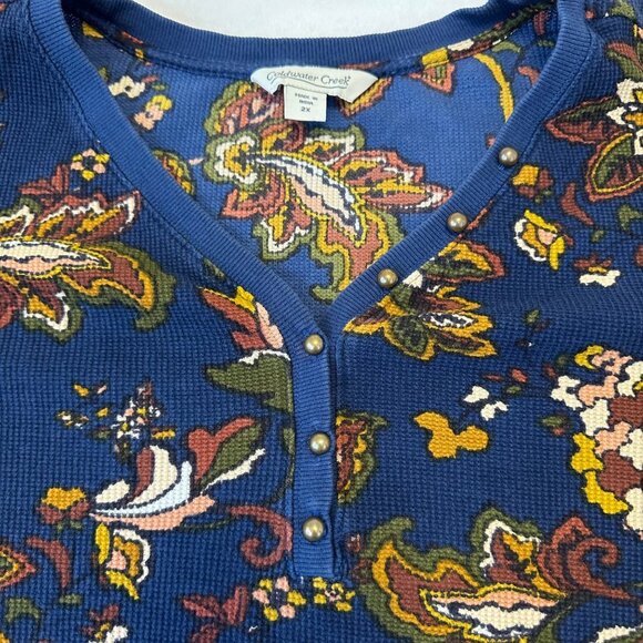 Coldwater Creek Waffle Knit Vintage Vibe Henley Top Blue Jewel Tone Florals 2X - Picture 4 of 11